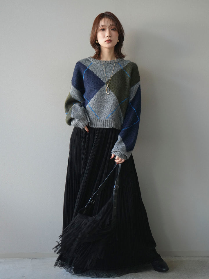 [SET]配色ステッチアーガイル柄ニットプルオーバー+裾レーススウェードプリーツマキシスカート(2set)