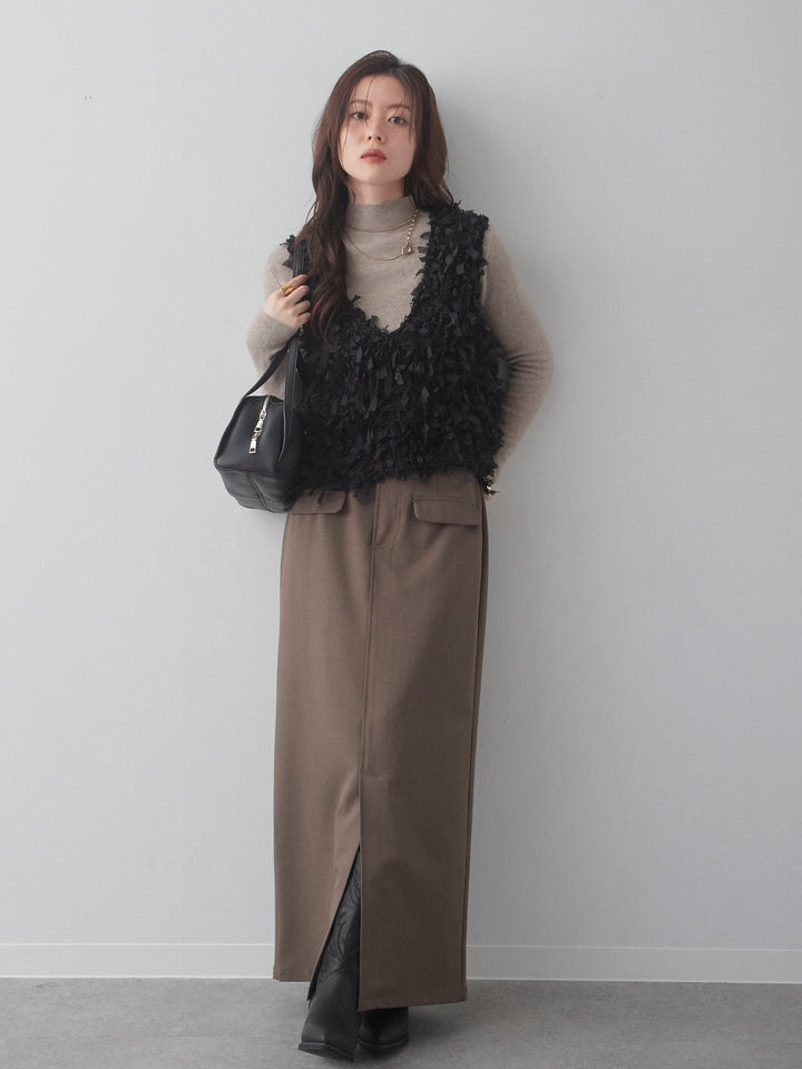 [SET]リボンフリンジベスト+クレープデシンフラップ付きストレートスカート(2set)