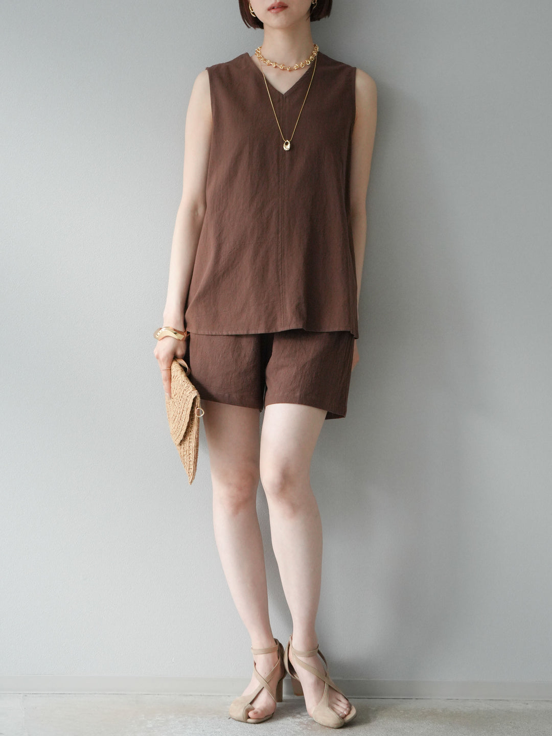 [套裝] 亞麻V領襯衫和短褲套裝 + 可選配件套裝（2 套）