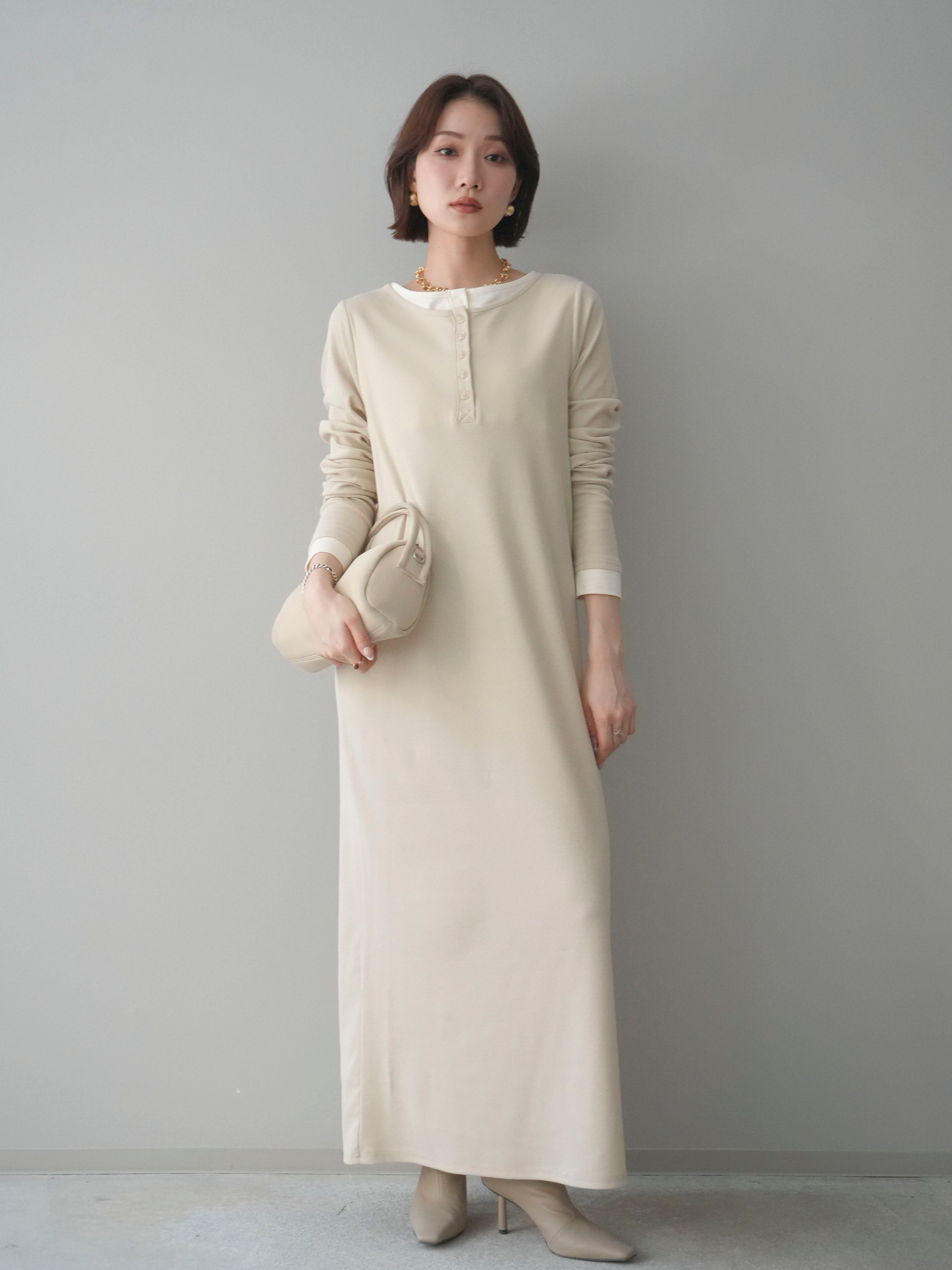 予約]配色レイヤードヘンリーネックカットリブワンピース/ivory – Lumier