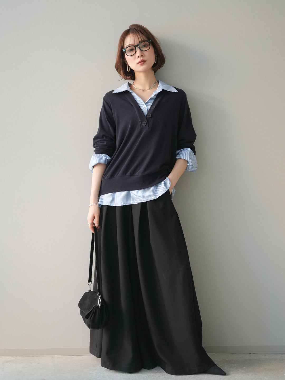 [予約]シャツレイヤードデザインカットプルオーバー/navy