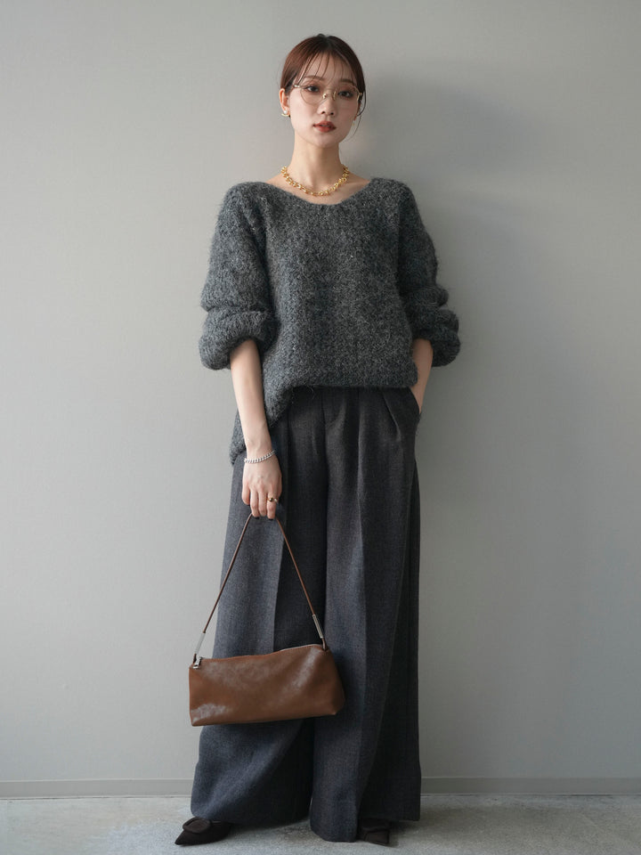 [予約]ウールタッチラメミックスヤーンVネックニットプルオーバー/charcoal