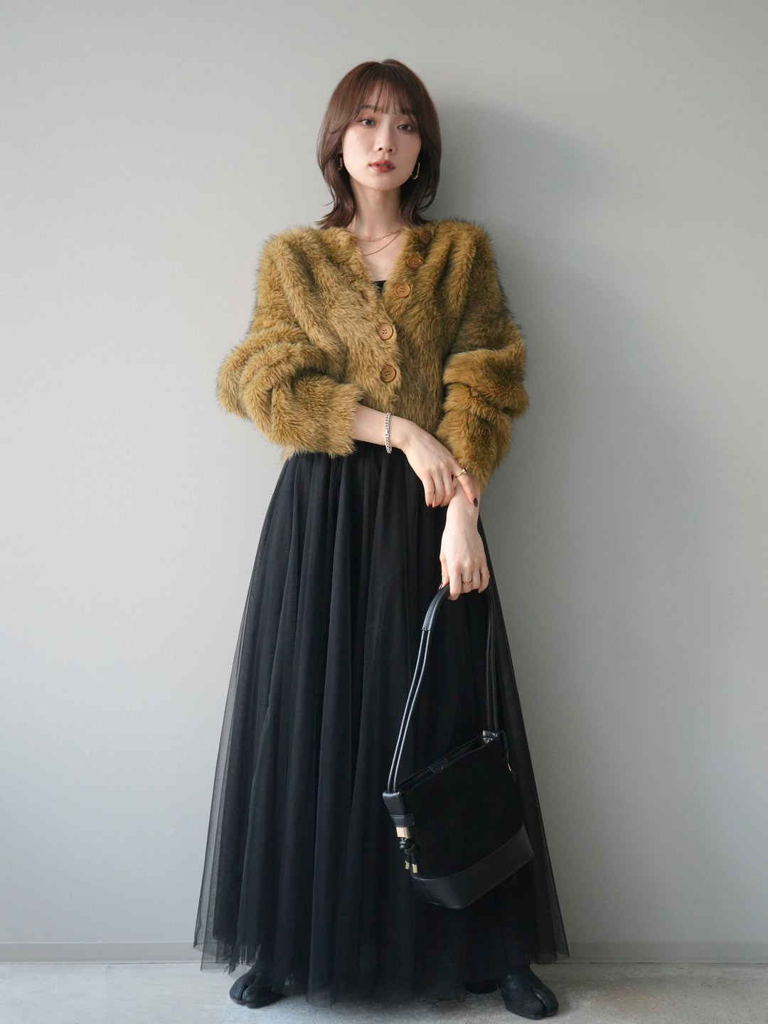 [予約]ミックスシャギーショートニットカーディガン/green