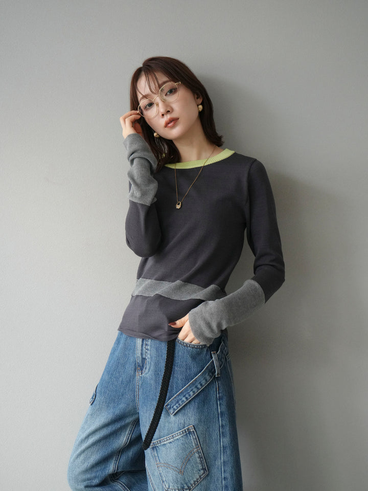 [予約]異素材配色デザインニットトップス/チャコール