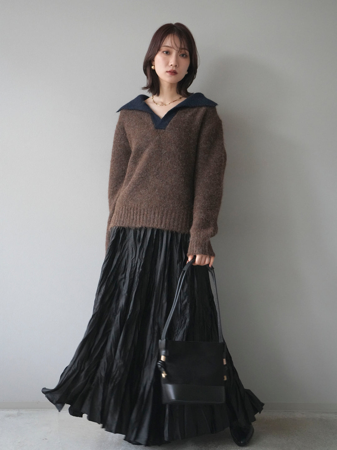 [予約]バイカラー襟付きニットプルオーバー/brown