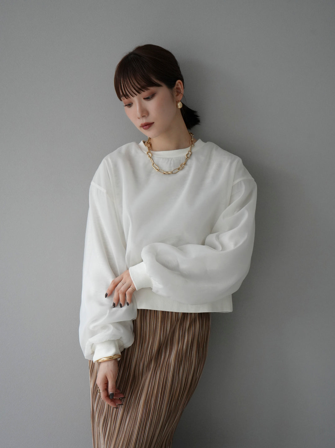 [予約]ラメシアーレイヤード裏毛クロップドプルオーバー/オートミール