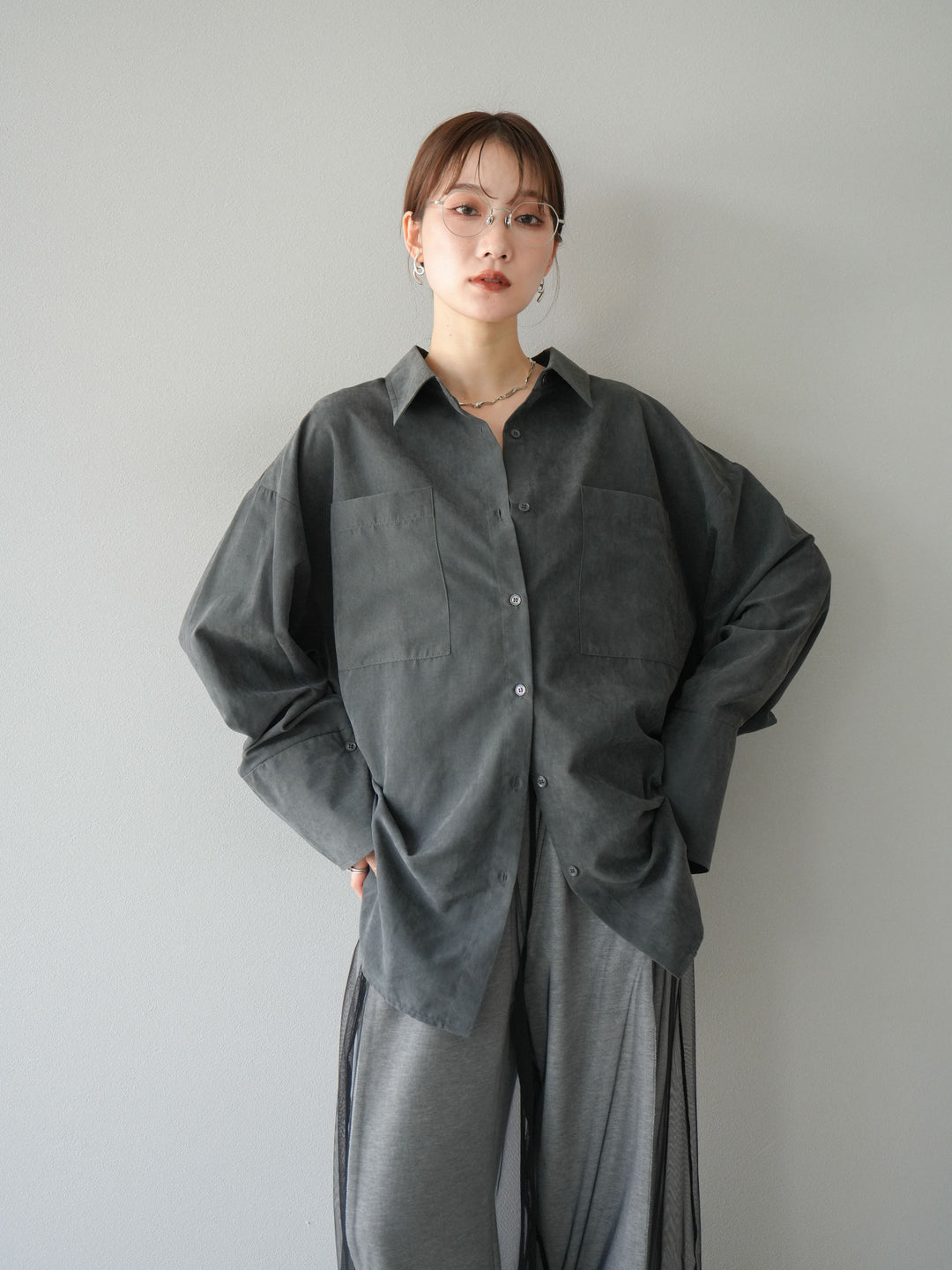 [予約]スエードライクBIGカフスオーバーシャツ/チャコール