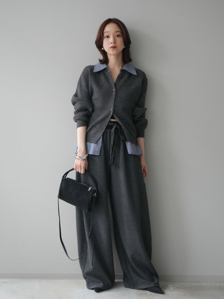 [SET]チェックシャツ襟ニットカーディガン+編み込みベルト付きウエスト配色スエットパンツ(2set)