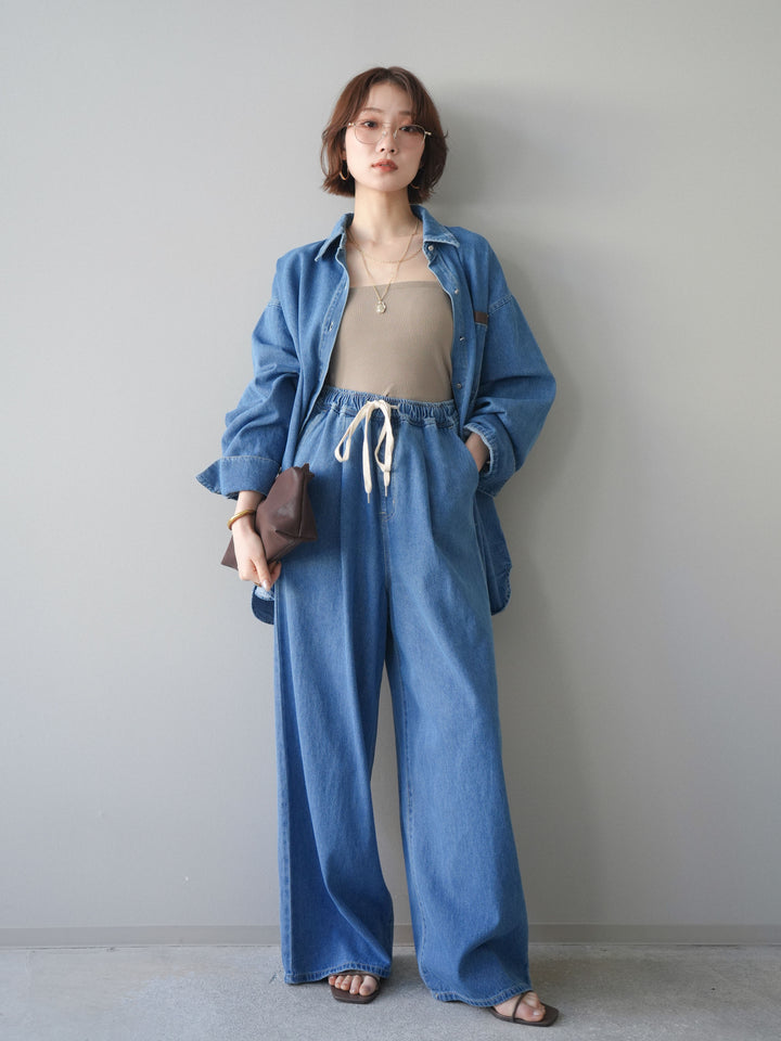 [SET]ポイントレザーオーバーデニムシャツ+ドロストワイドデニムパンツ(2set)