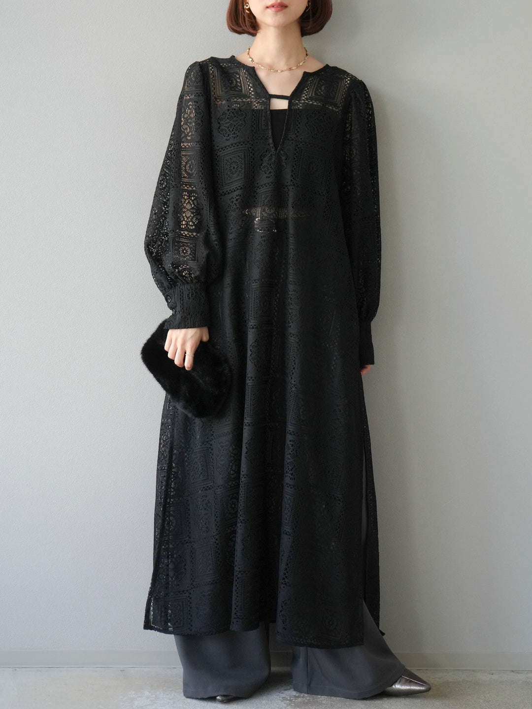 【預購】皮帶環設計寬褲/灰色