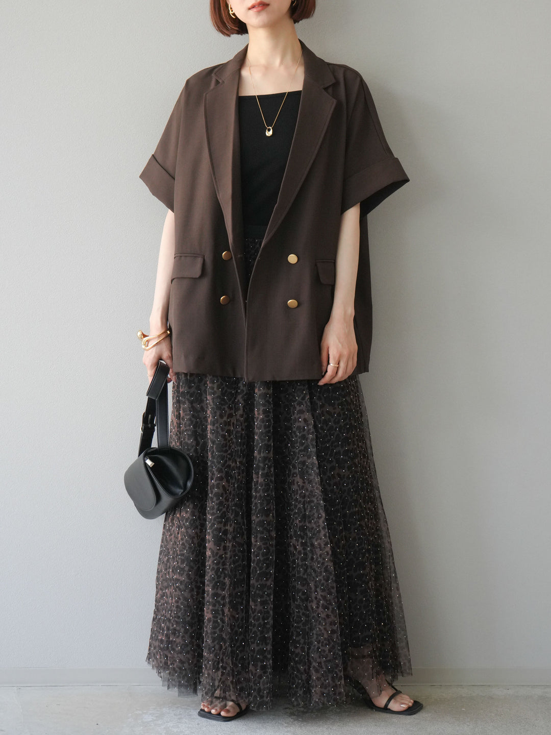 [5] 豹紋薄紗層疊百褶裙/摩卡色