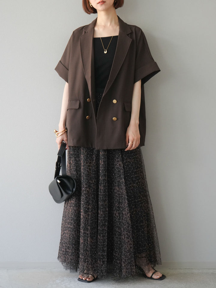 [5] 豹紋薄紗層疊百褶裙/摩卡色
