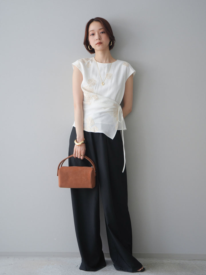 [SET]リネンタッチフラワージャガードトップス+ベルト付キーホルダーモチーフワイドパンツ(2set)