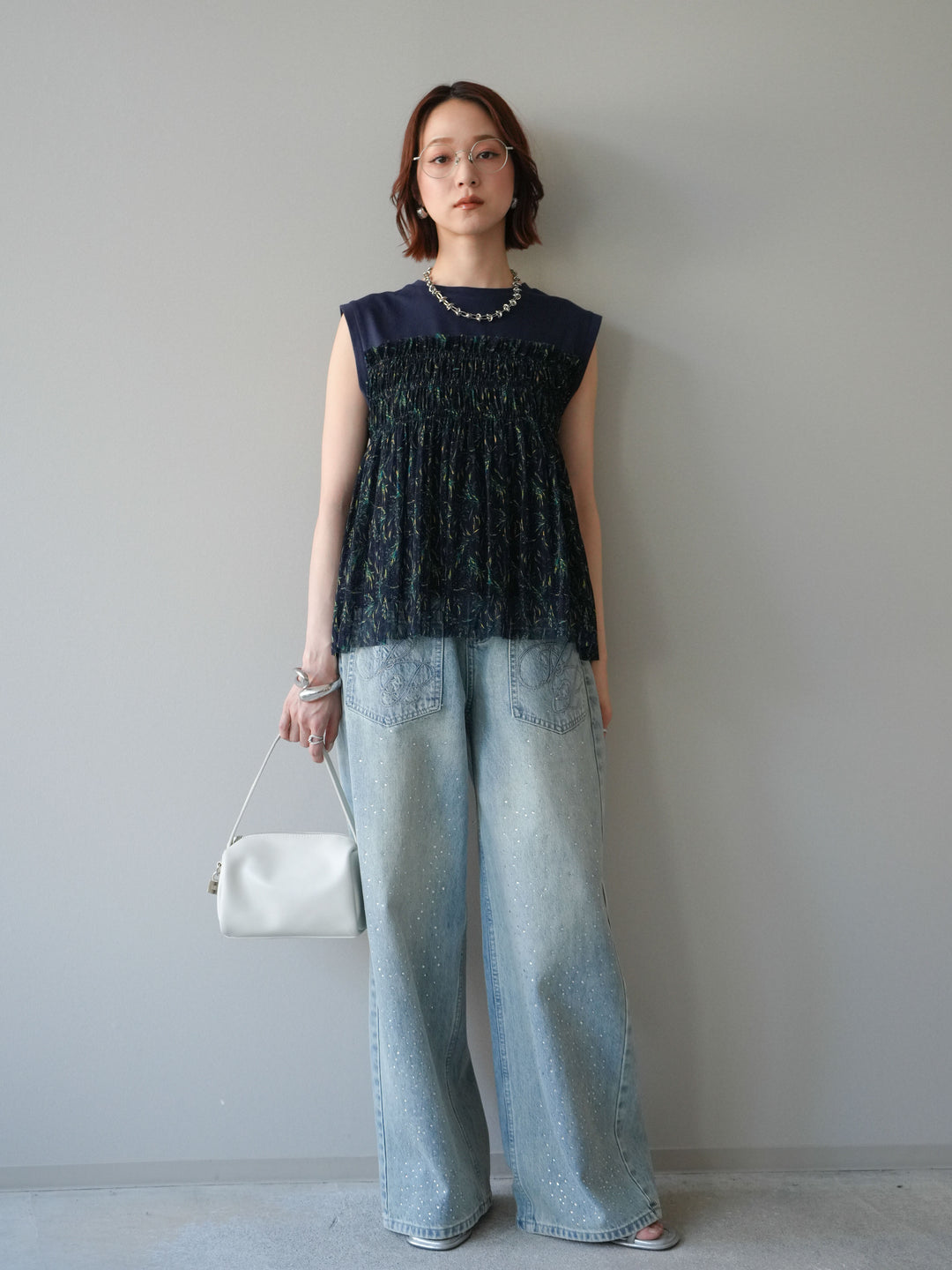 [予約]チュールプリントノースリーブトップス/navy