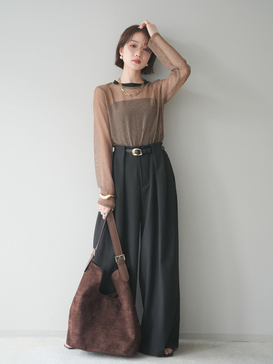 [SET]シアーストライプメッシュトップス+ドレープタックベルトループパンツ(2set)