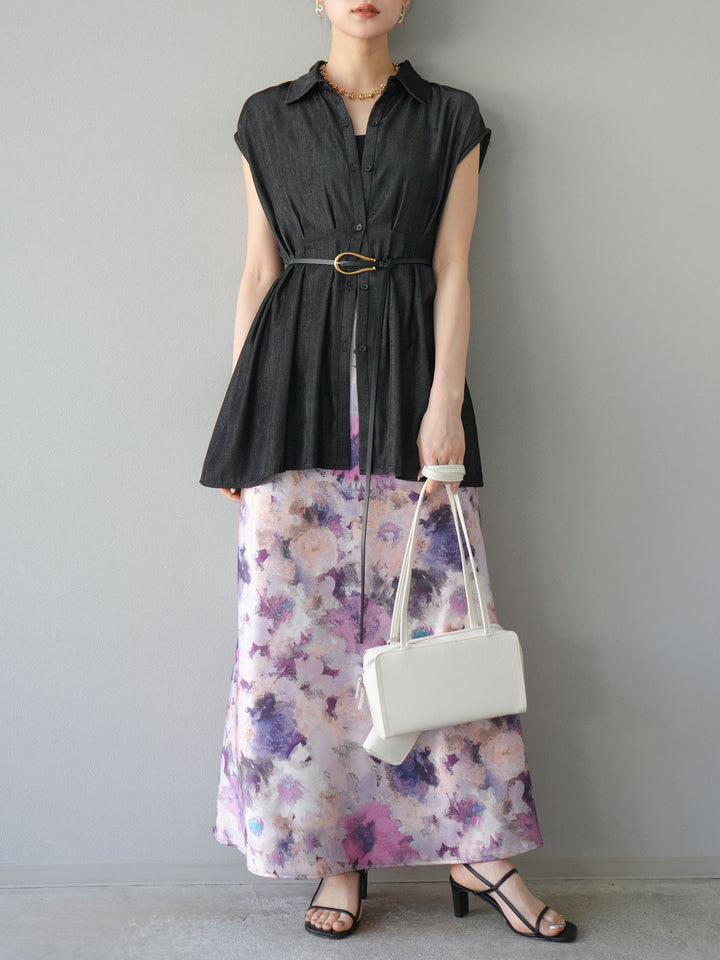 [予約]ニュアンスフラワーサテンスカート/パープル