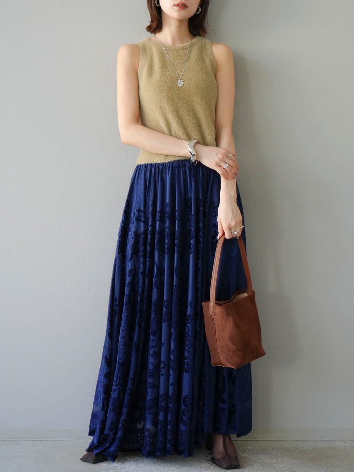[予約]アンティーク柄フロッキーマキシスカート/ブルー