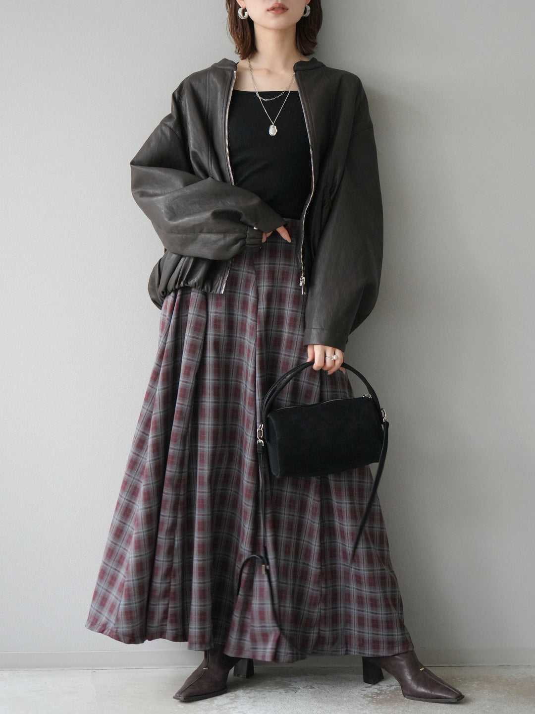 [予約]チェックタックフレアロングスカート/ ボルドー