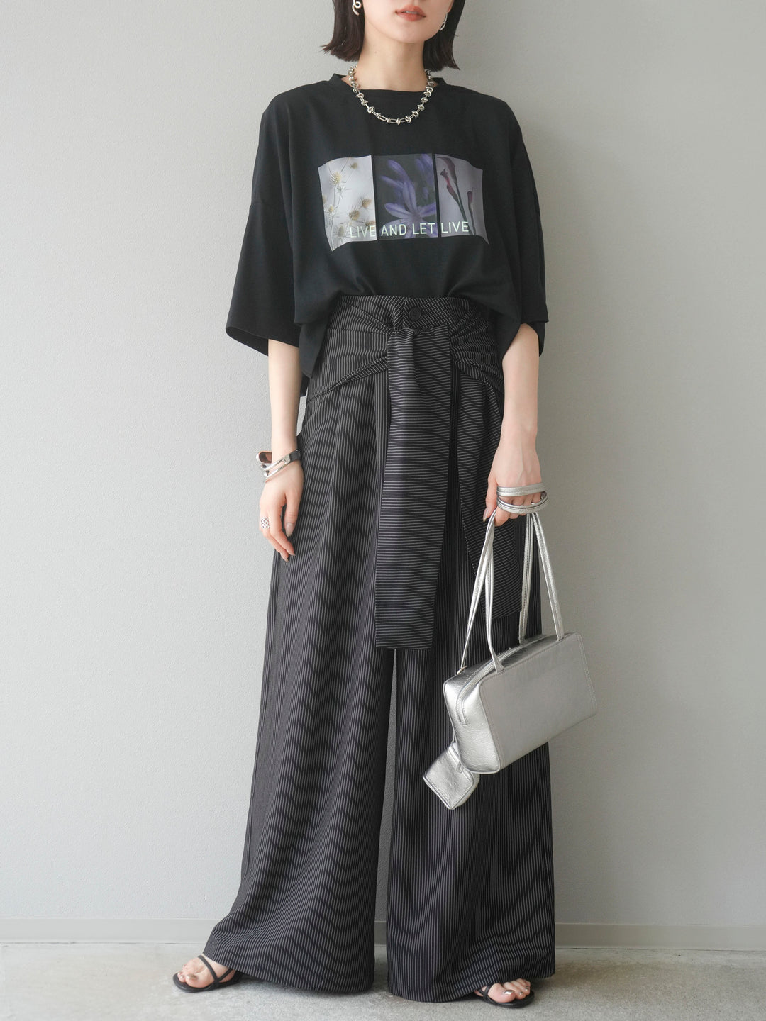 【預購】條紋裹腰闊腿褲/黑色