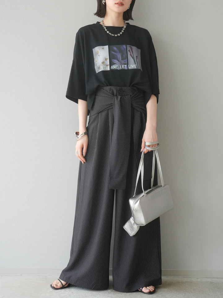 【預購】條紋裹腰闊腿褲/黑色