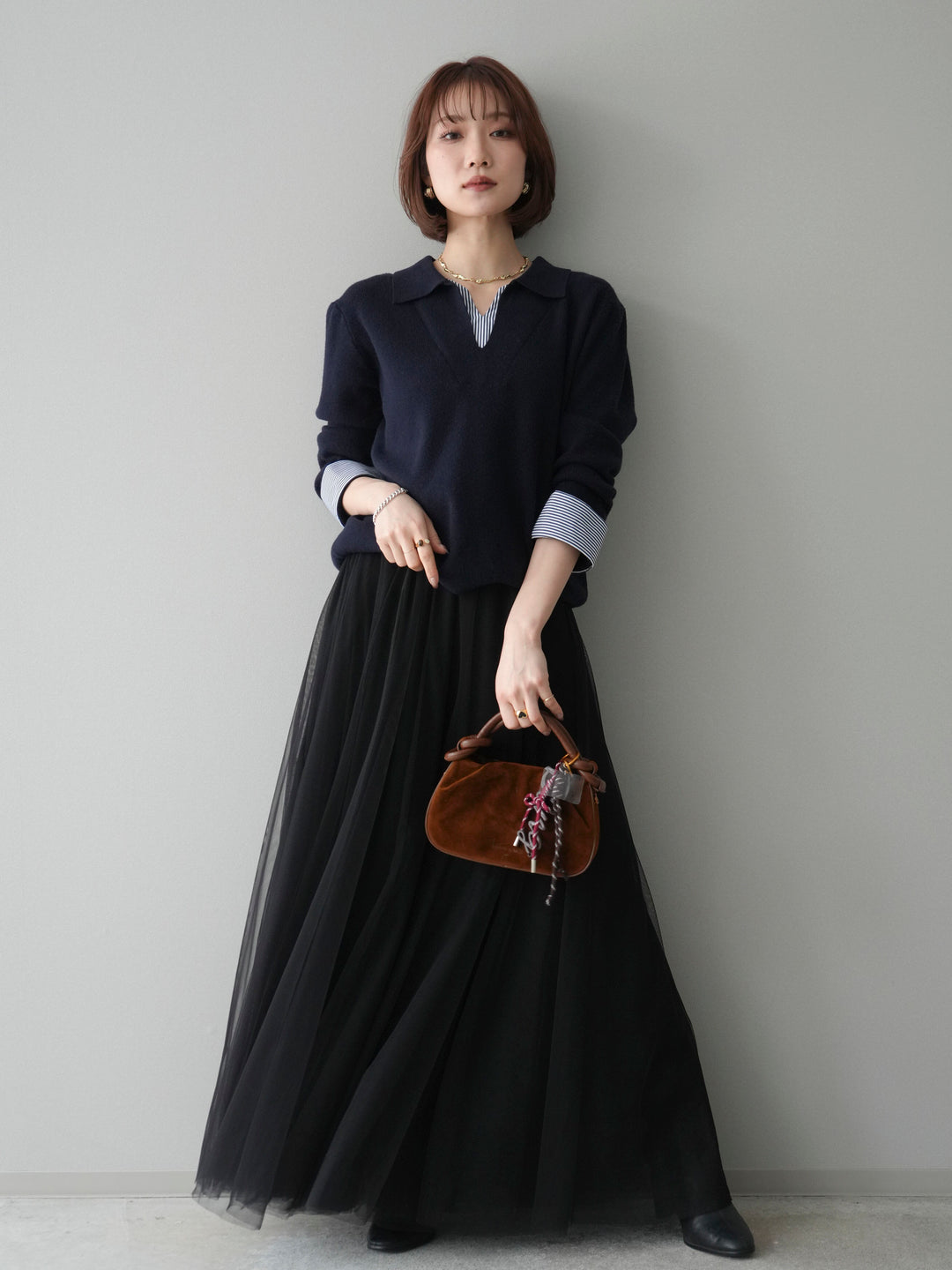 [予約]シャツレイヤードスキッパーニットプルオーバー/navy