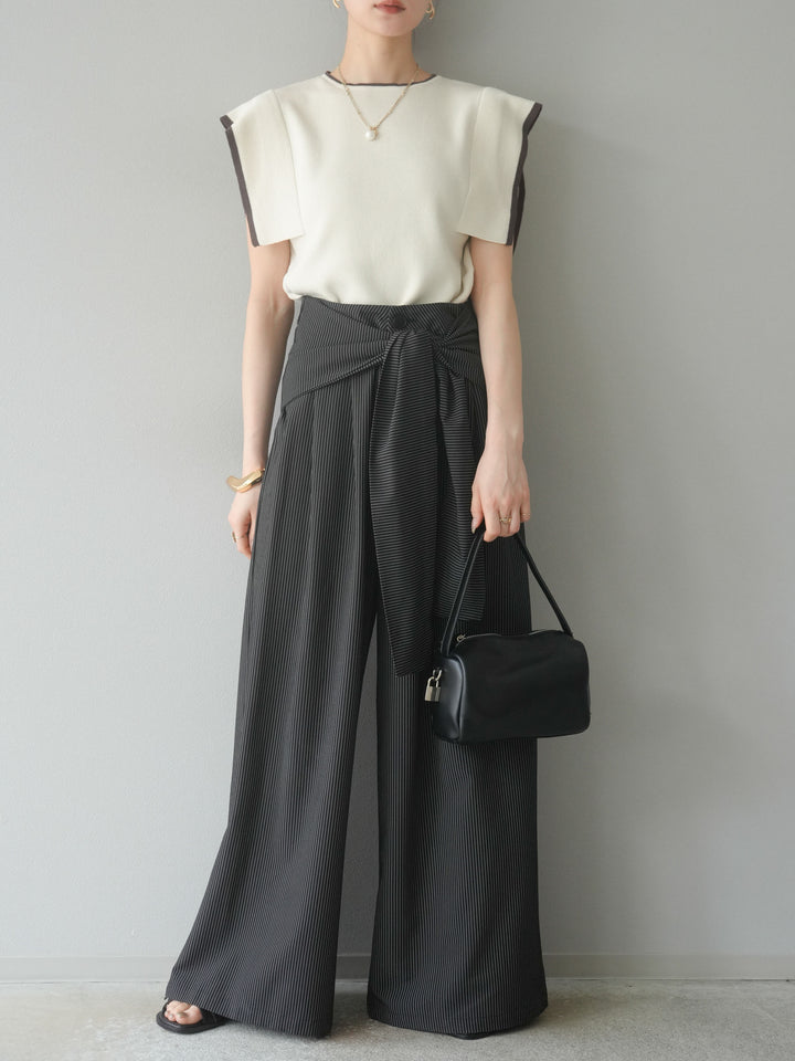 【預購】條紋裹腰闊腿褲/黑色