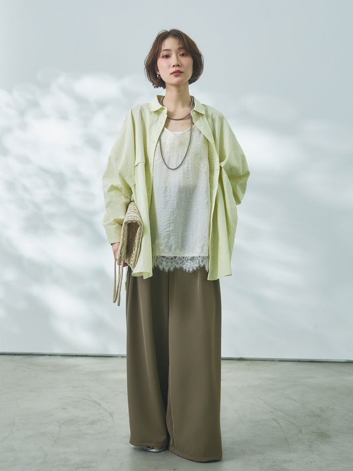 【Allure】[SET]スプリングスラブワイドシャツ+リネンタッチレース切替キャミソール+エステルツイルタックワイドパンツ(3set)