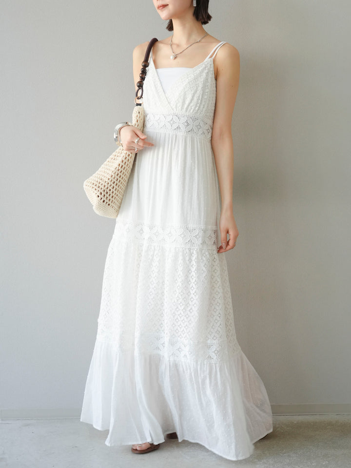 [SET] 蕾絲花邊吊帶裙+網紗羅紋罩杯吊帶背心（2件組）