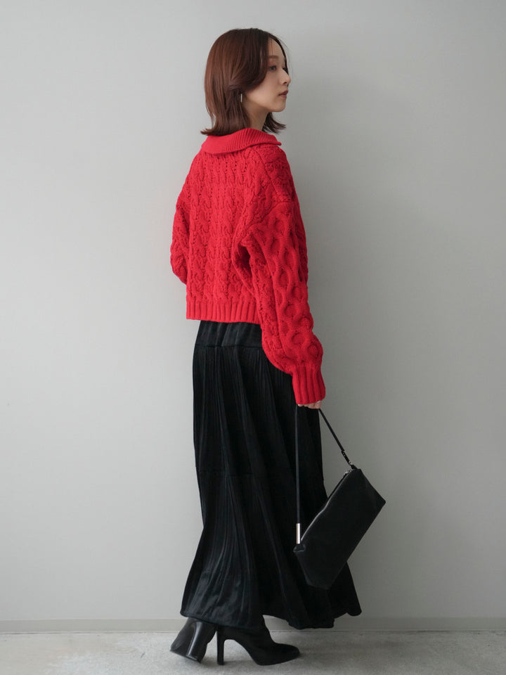 [SET]バルキーケーブルクロップド開襟プルオーバー+ベロアティアードワッシャースカート(2set)