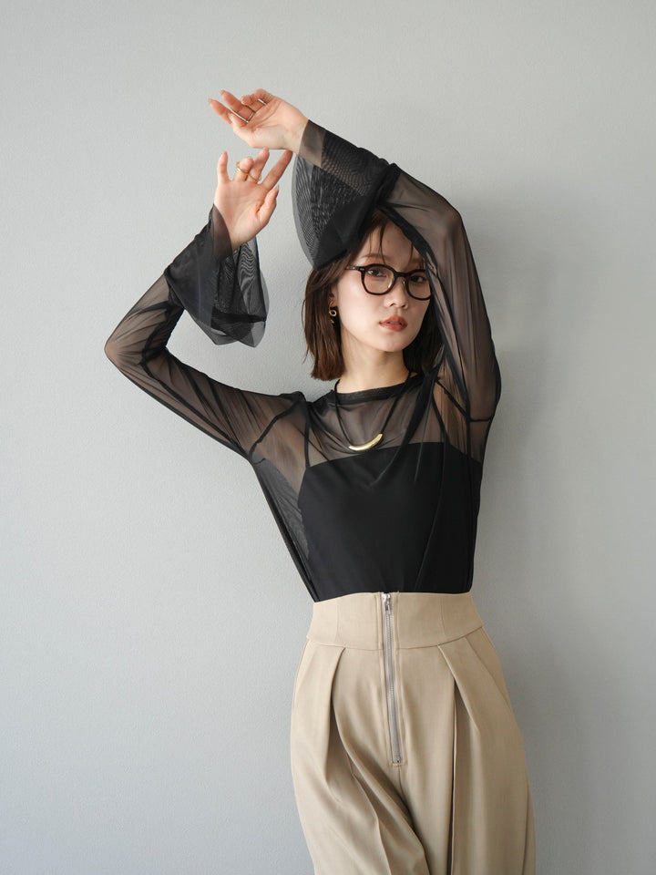 [予約]フレアロングスリーブパワーメッシュトップス/ブラック