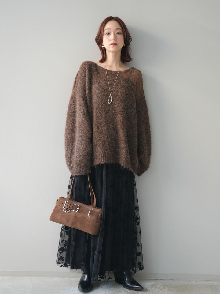 [SET]透かしデザインニットプルオーバー+フラワーフロッキーチュールプリーツスカート(2set)