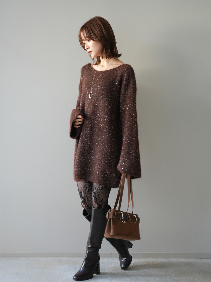 [予約]スパンコールミニシャギーニットチュニック/brown