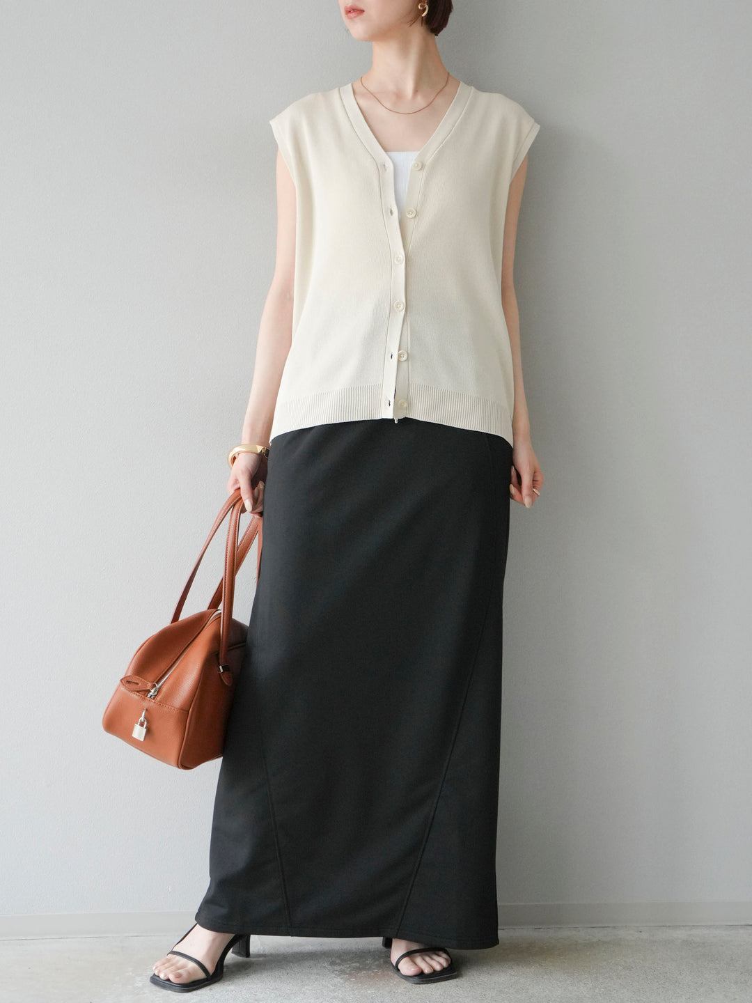 [SET]Vネックレーヨンニットベスト+スウェットロングスカート(2set)