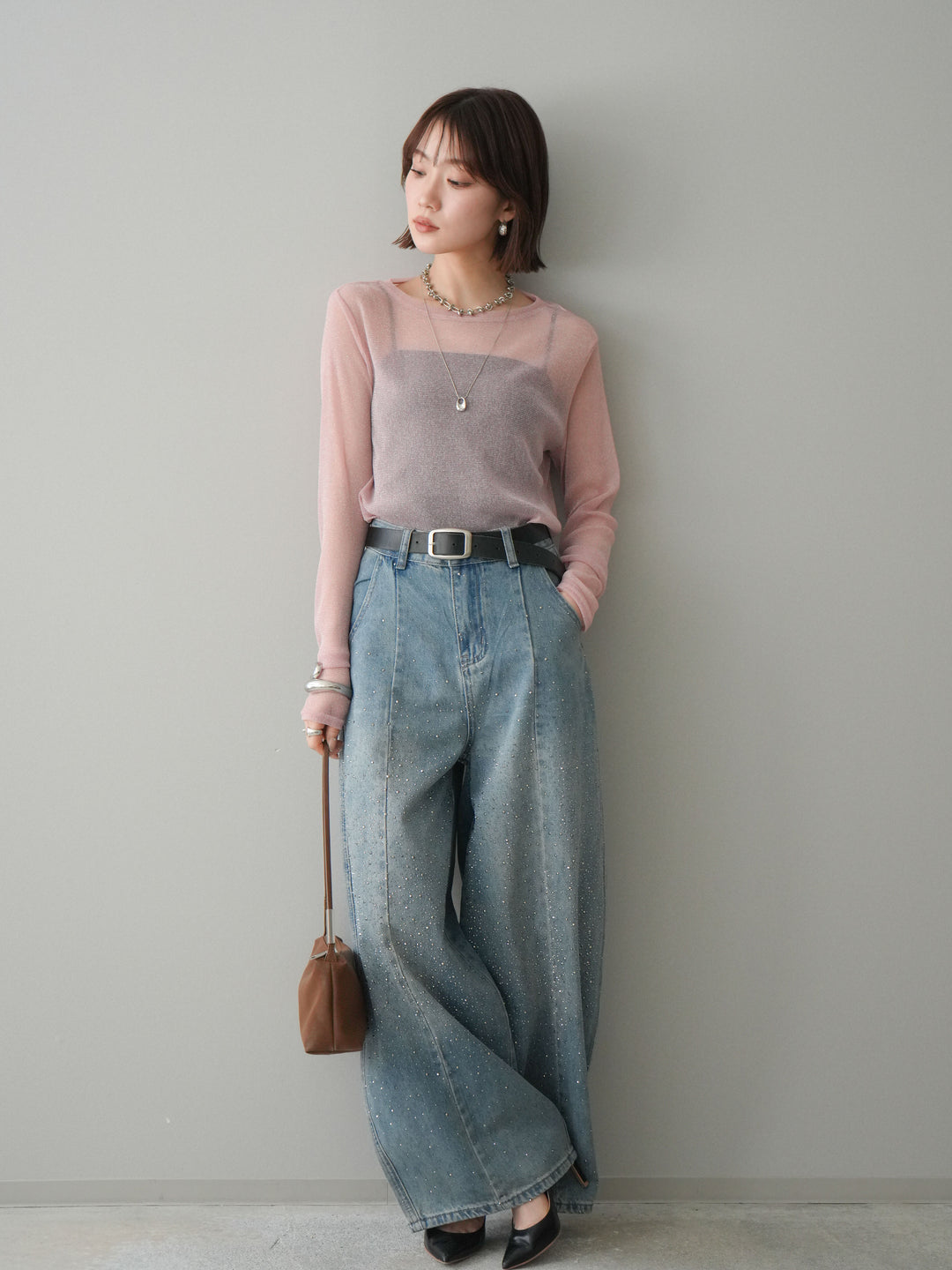 [予約]ラメシアークルーネックトップス/pink