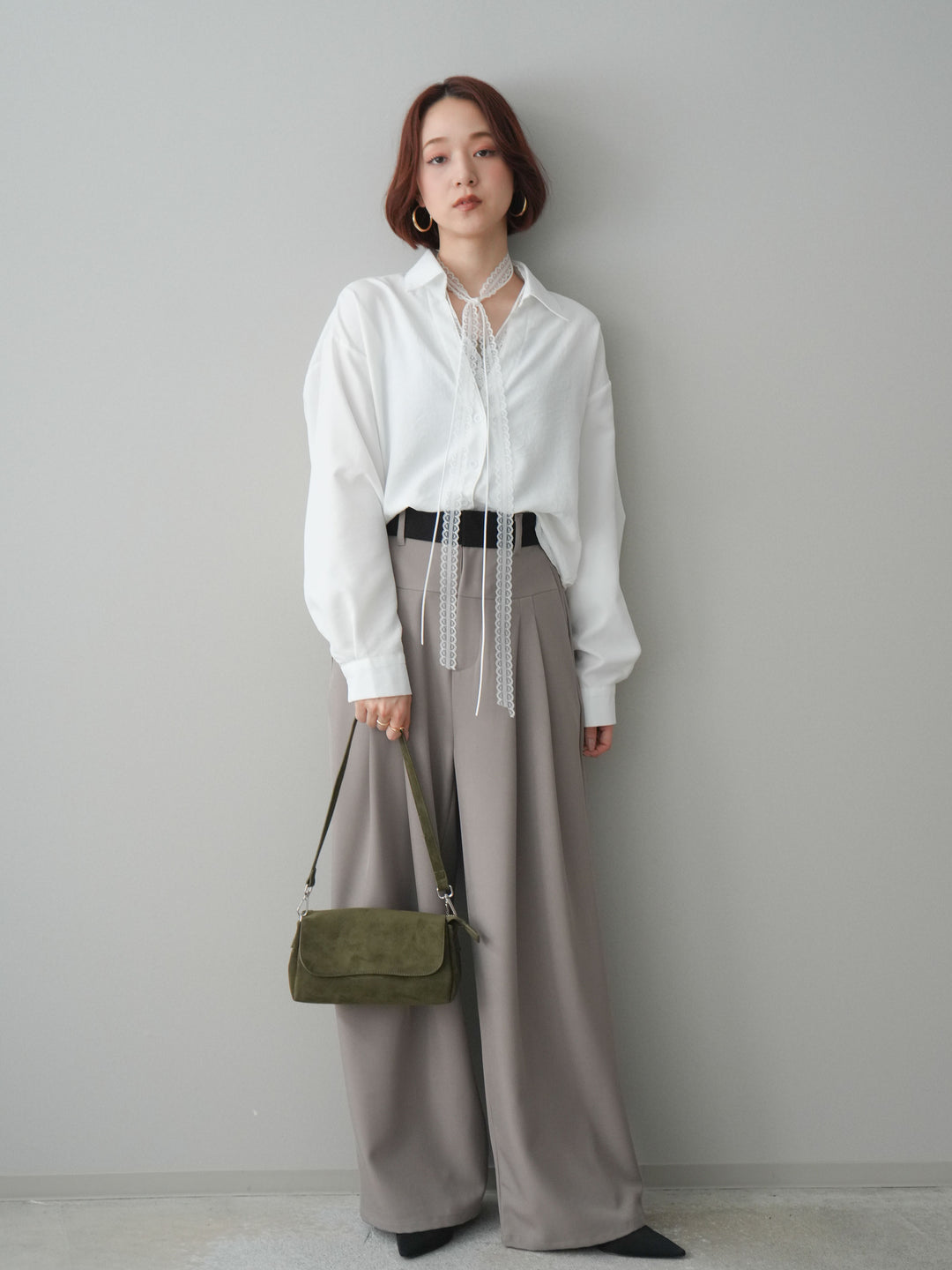 [予約]ウエストバイカラータックワイドパンツ/greige