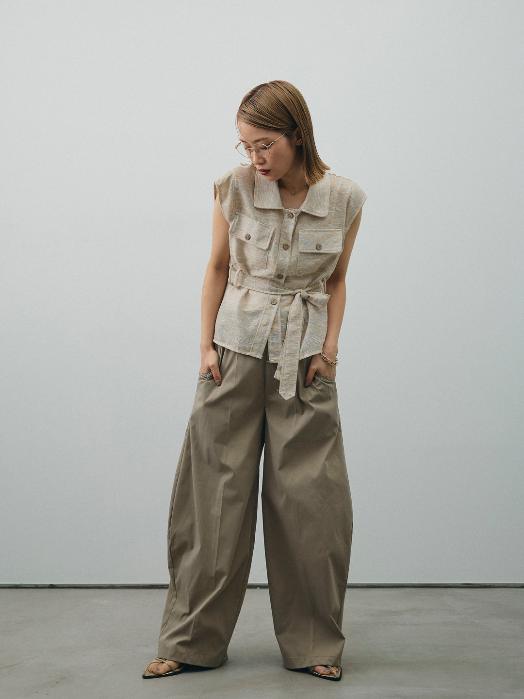 [SET]ミックスヤーンメッシュブラウス+コクーンワイドチノパンツ(2set)