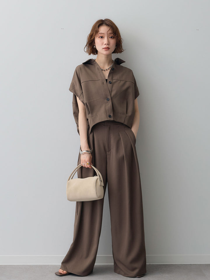 【套裝】縐綢燈籠無袖襯衫 + 縐綢闊腿褲（兩件套）