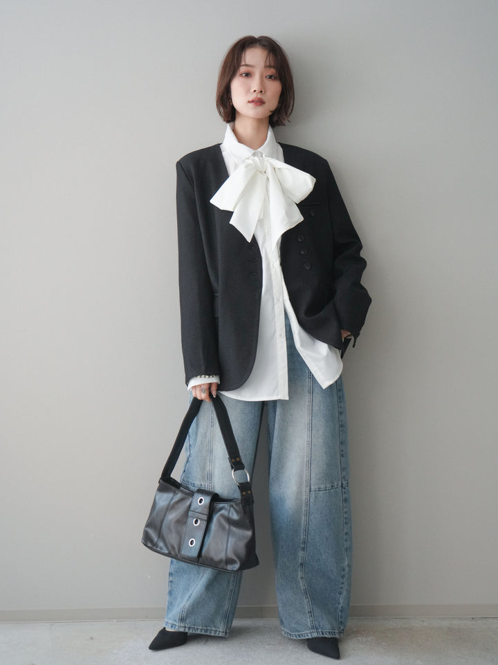 [SET]ノーカラージャケット+ボウタイ付オーバーシャツ+ガーメントウォッシュカーブデニムパンツ(3set)