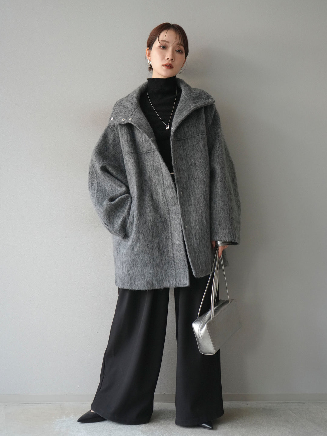 [予約]スタンドカラーシャギーコート/charcoal
