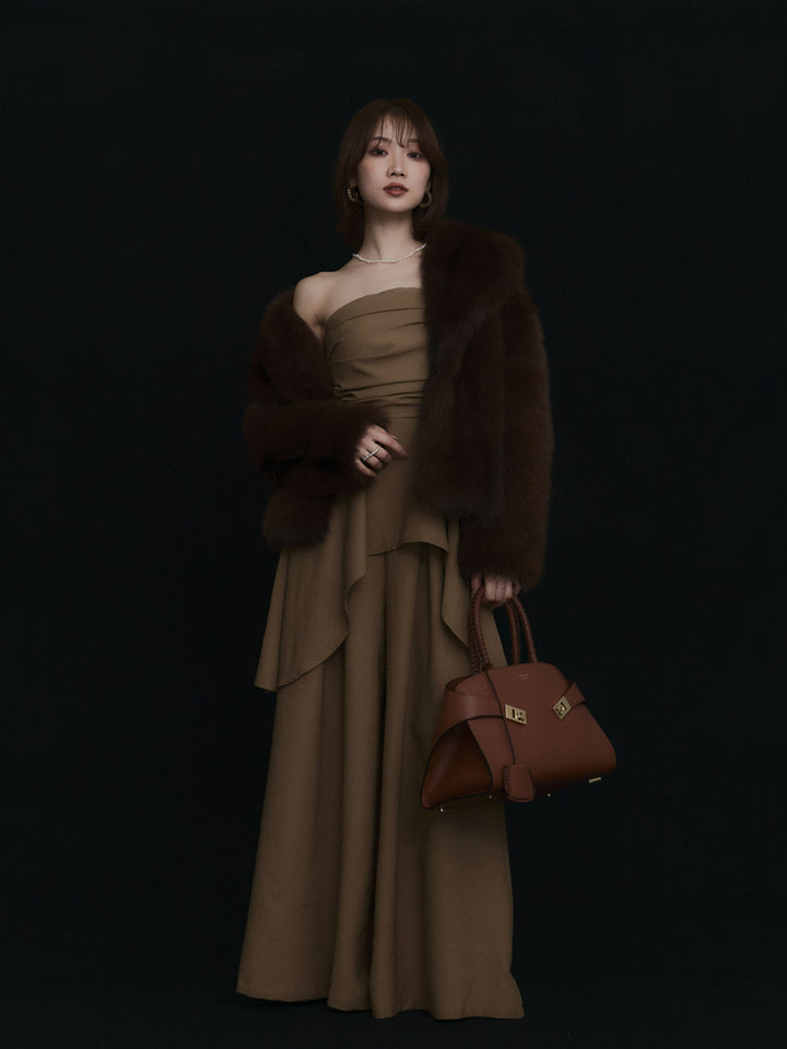 【Allure】[SET]ぺプラムベアトップス＆ワイドパンツSET UP+フェイクファービックカラージャケット(2set)