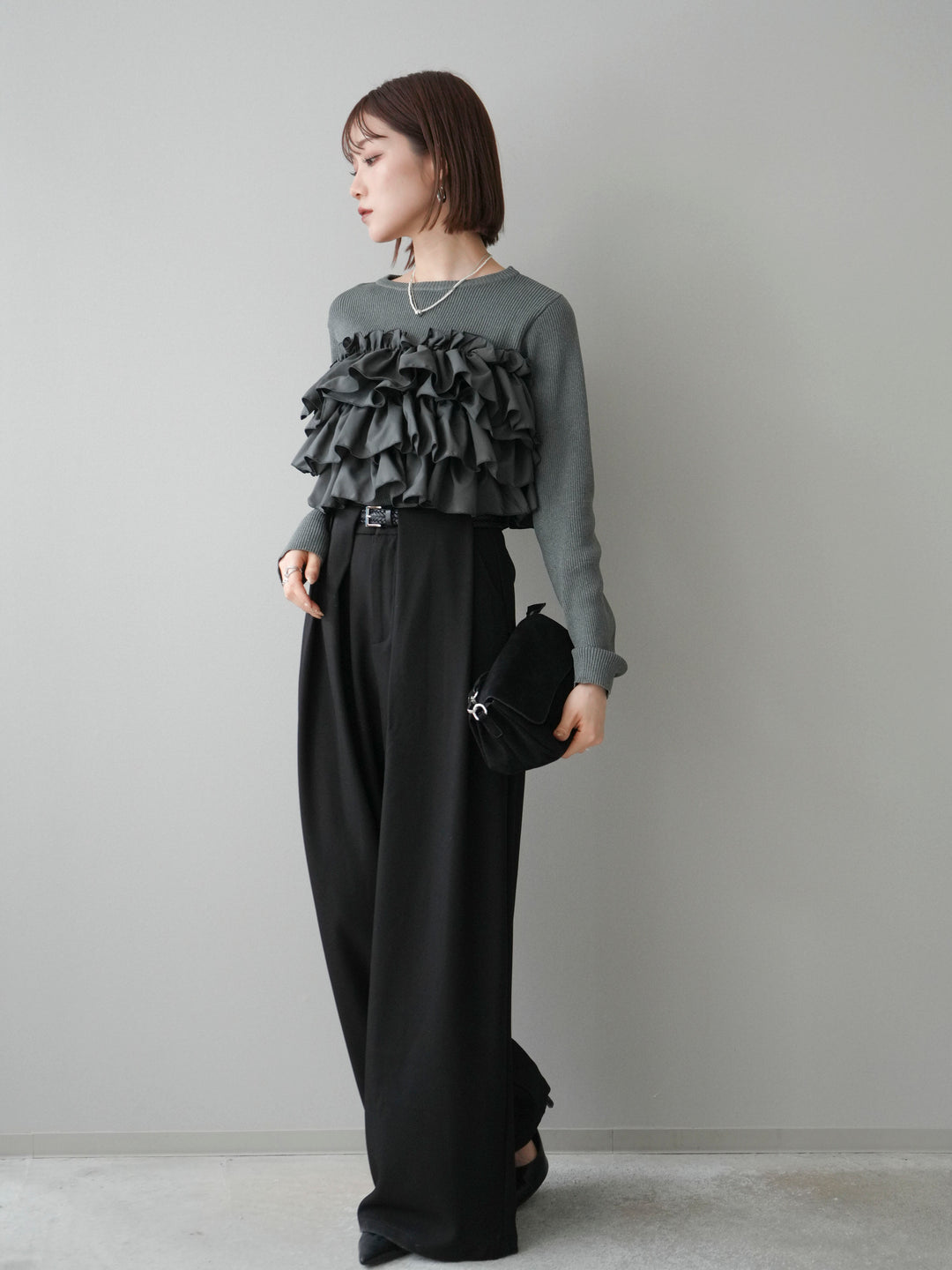 [SET]フリルビスチェドッキングスポンジニットプルオーバー+ベルトループデザインワイドパンツ(2set)