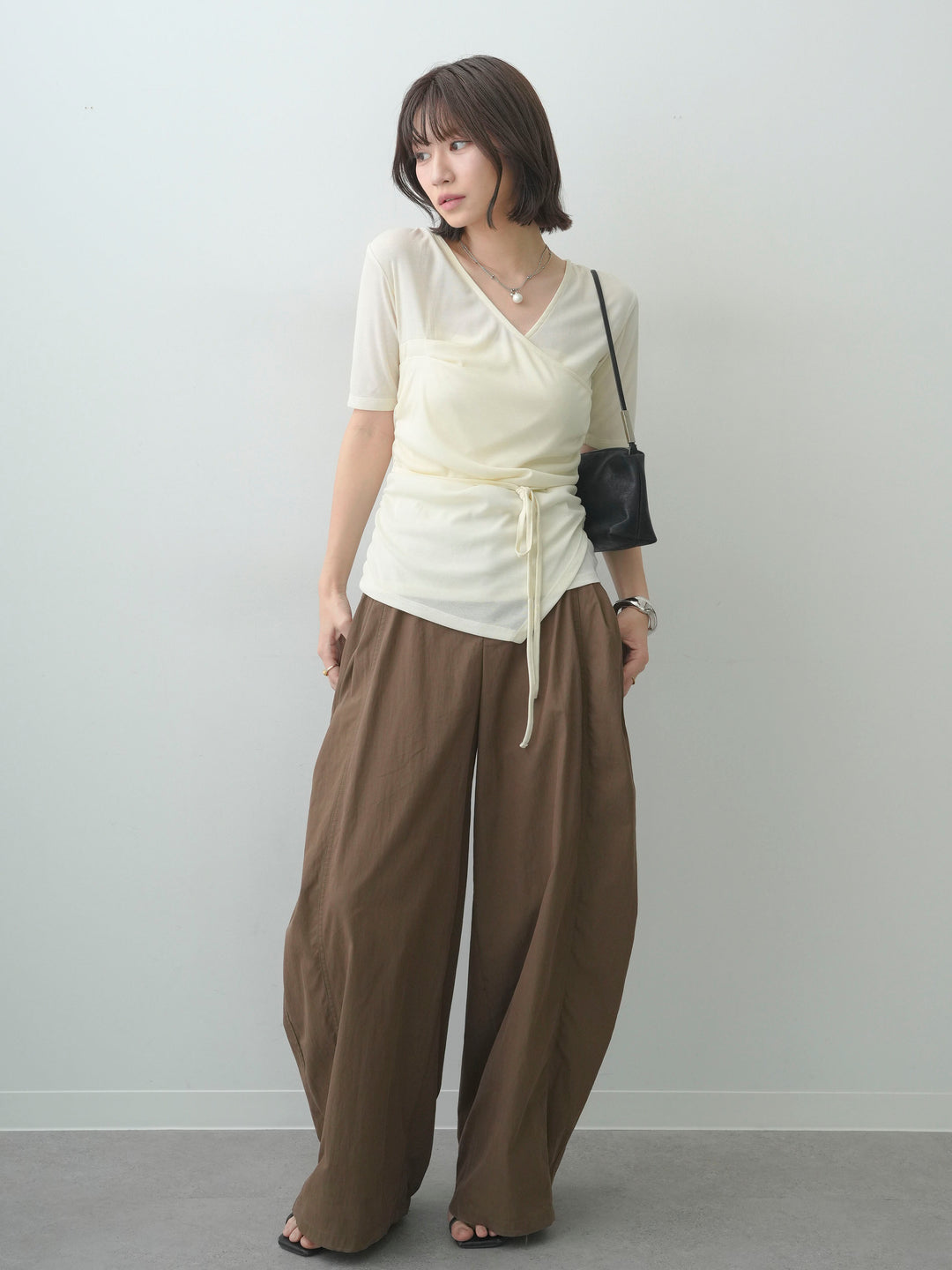 [SET]シアードレープカシュクールプルトップス+タックバックヘムギャザーライトパンツ(2set)