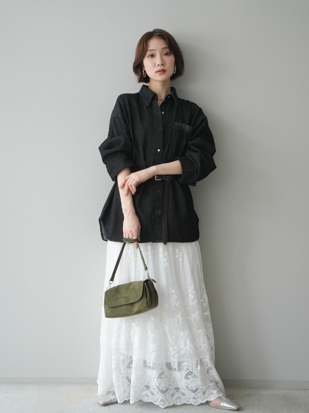 [予約]ポイントレザーオーバーデニムシャツ/black