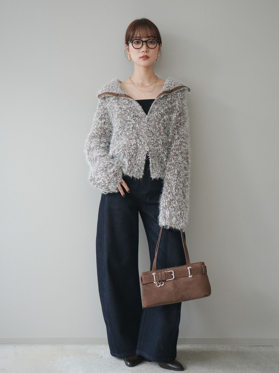 [予約]ミックスシャギージップニットカーディガン/brown