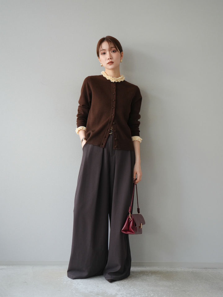 [予約]フリルデザインコンパクトニットカーディガン/ブラウン