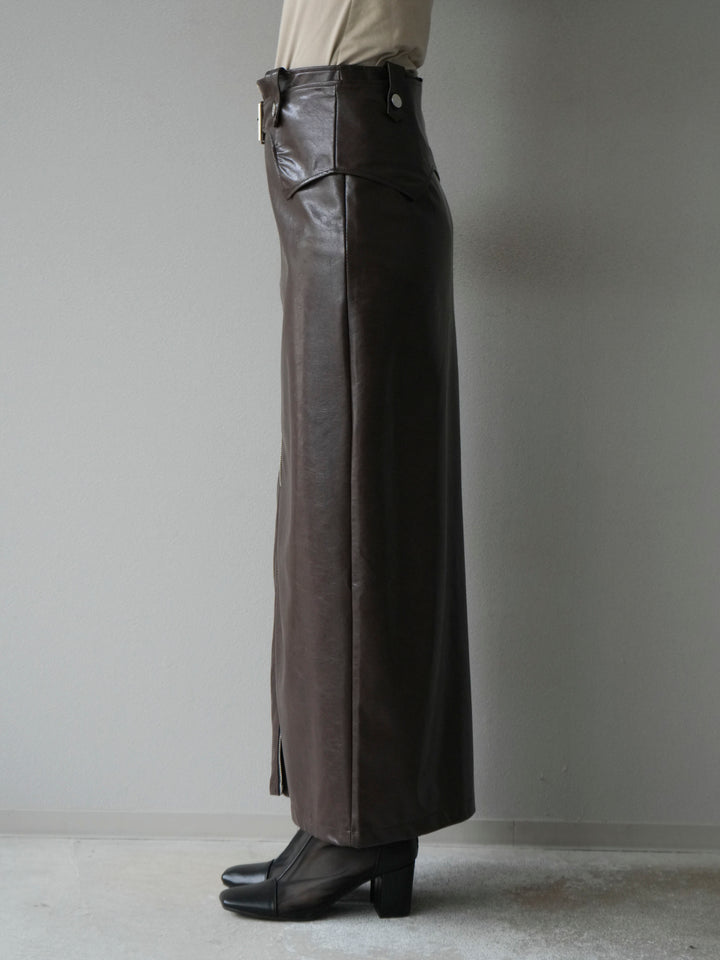 [予約]ベルトデザインレザータッチZIPタイトスカート/ブラウン