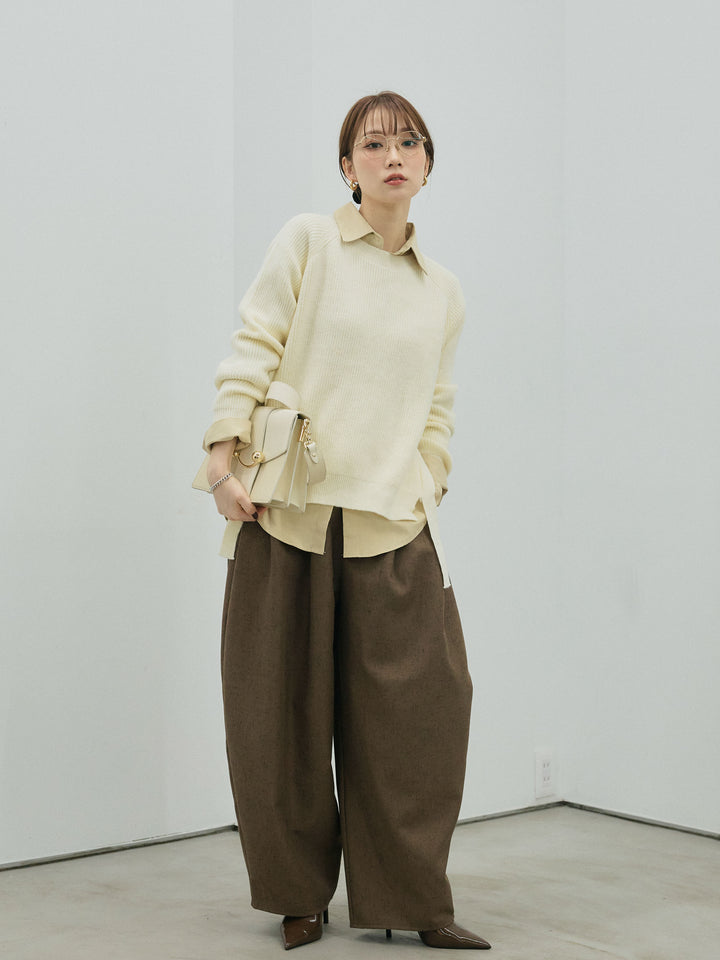 【Allure】[SET]サイドスリット畦編みニットプルオーバーシャツアンサンブル+ループデザインツイルワイドパンツ(2set)