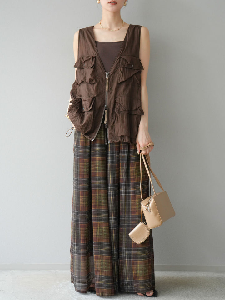 [預購] 透視格紋寬鬆褲/棕色