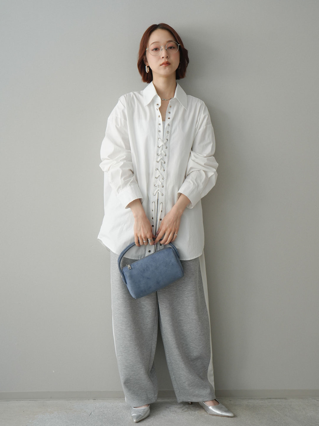 [SET]レースアップブロードシャツ+バイカラー異素材サイドラインライトポンチパンツ(2set)