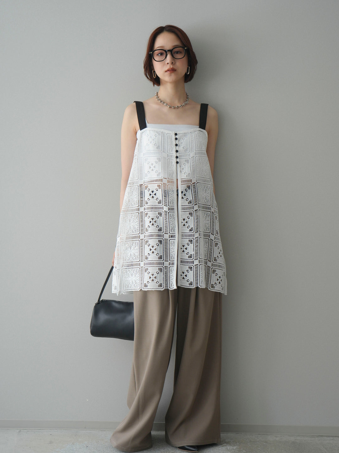 [SET]配色パネルレースキャミソール+ベルト付キーホルダーモチーフワイドパンツ(2set)